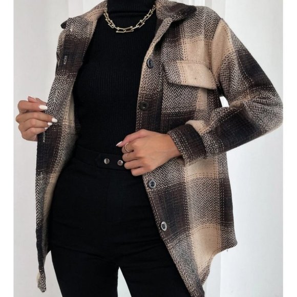 plaid print button up overcoat fall winter casual trending - Picture 3 of 6